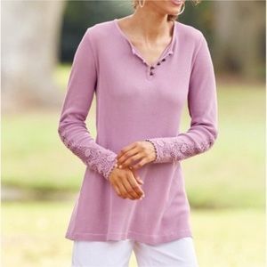Soft Surroundings Thermal Henley LS Lilac Pink Top W/ Crochet Sleeves